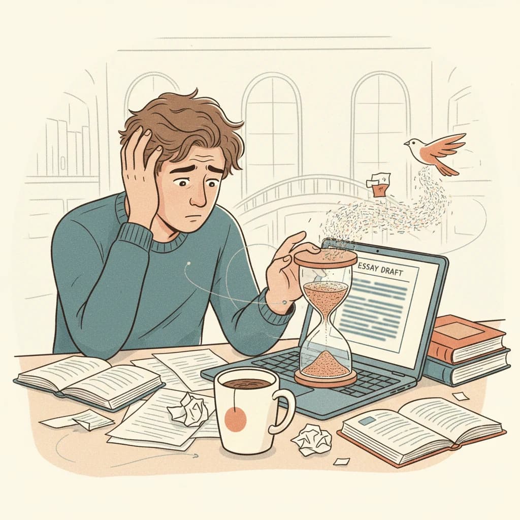 A student looking stressed at a laptop with an essay document open, surrounded by books and a coffee cup, symbolizing a deadline and the need for a free AI humanizer.
