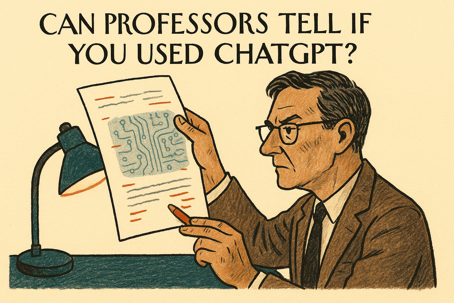 A stressed student looking at a laptop screen with a reflection of a professor's discerning face.
