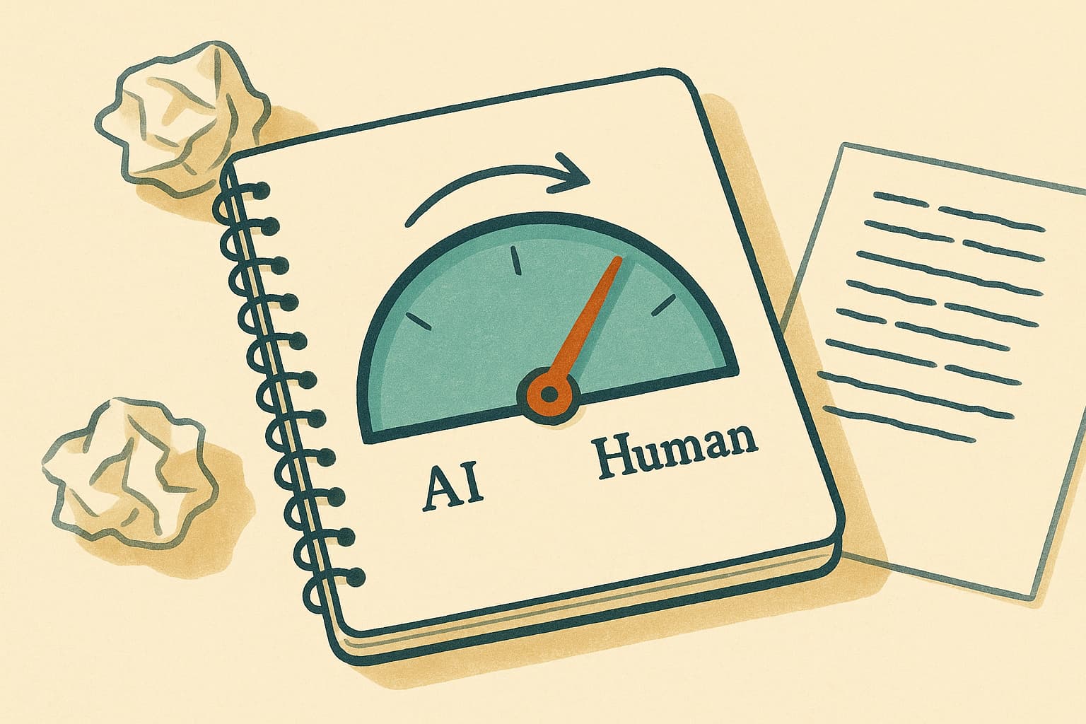 A student looking thoughtfully at a laptop screen displaying an essay next to an AI detection score.