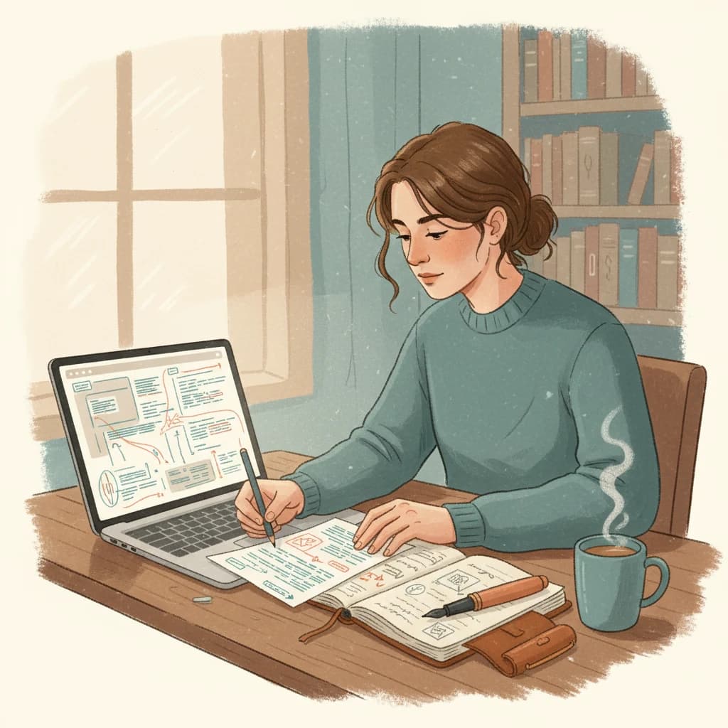 A person editing a document on a laptop, with a pen and notepad nearby, symbolizing manual humanization of AI text.