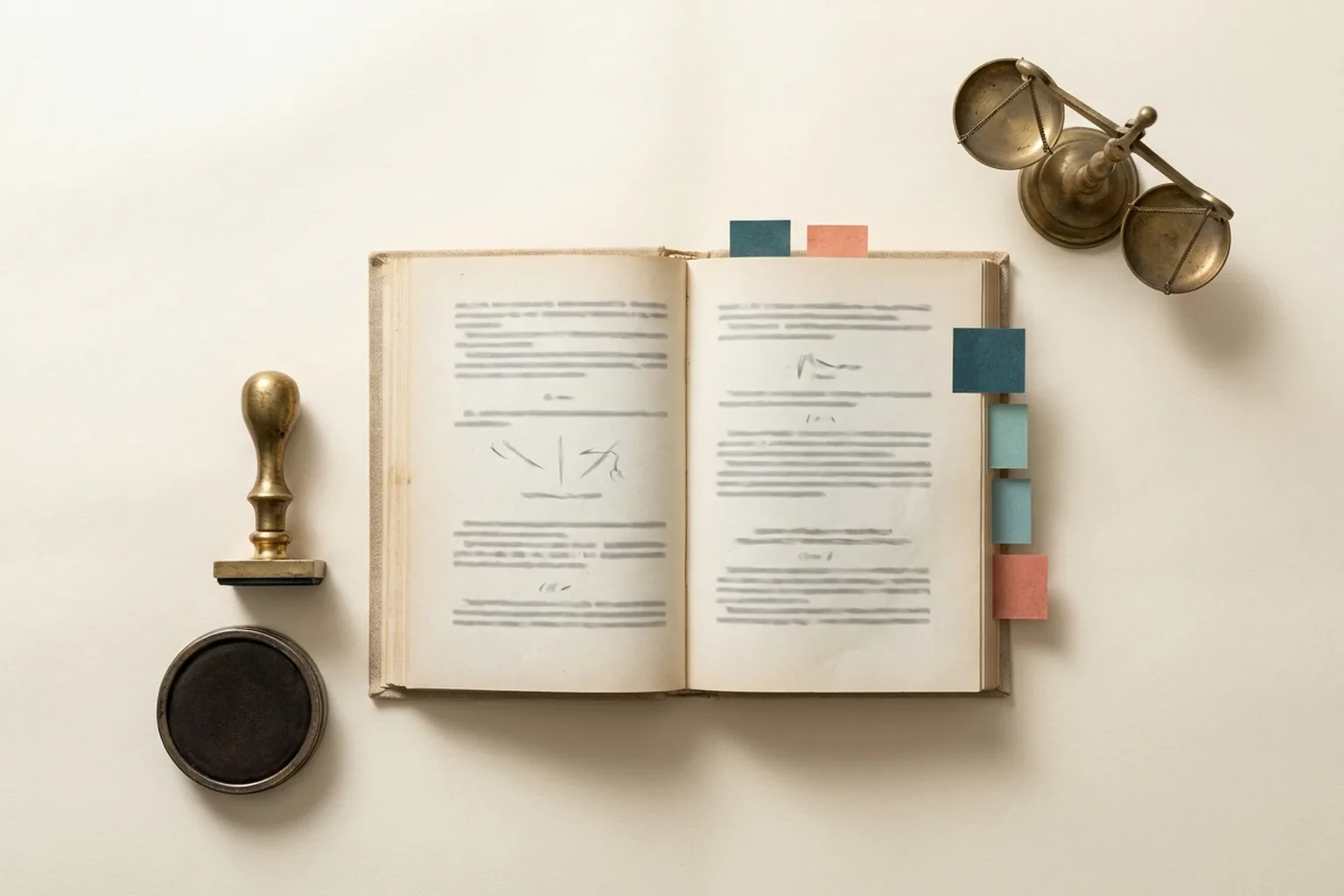 Brass scales, an open rule book with teal and coral tabs and a small stamp on cream paper