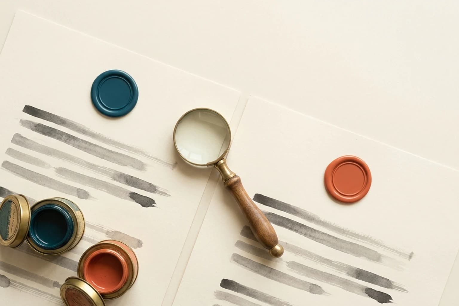 Two identical sheets of printed text side by side on a desk, each marked with a different coloured stamp, one reading pass and one reading fail, with a magnifying glass resting between them.