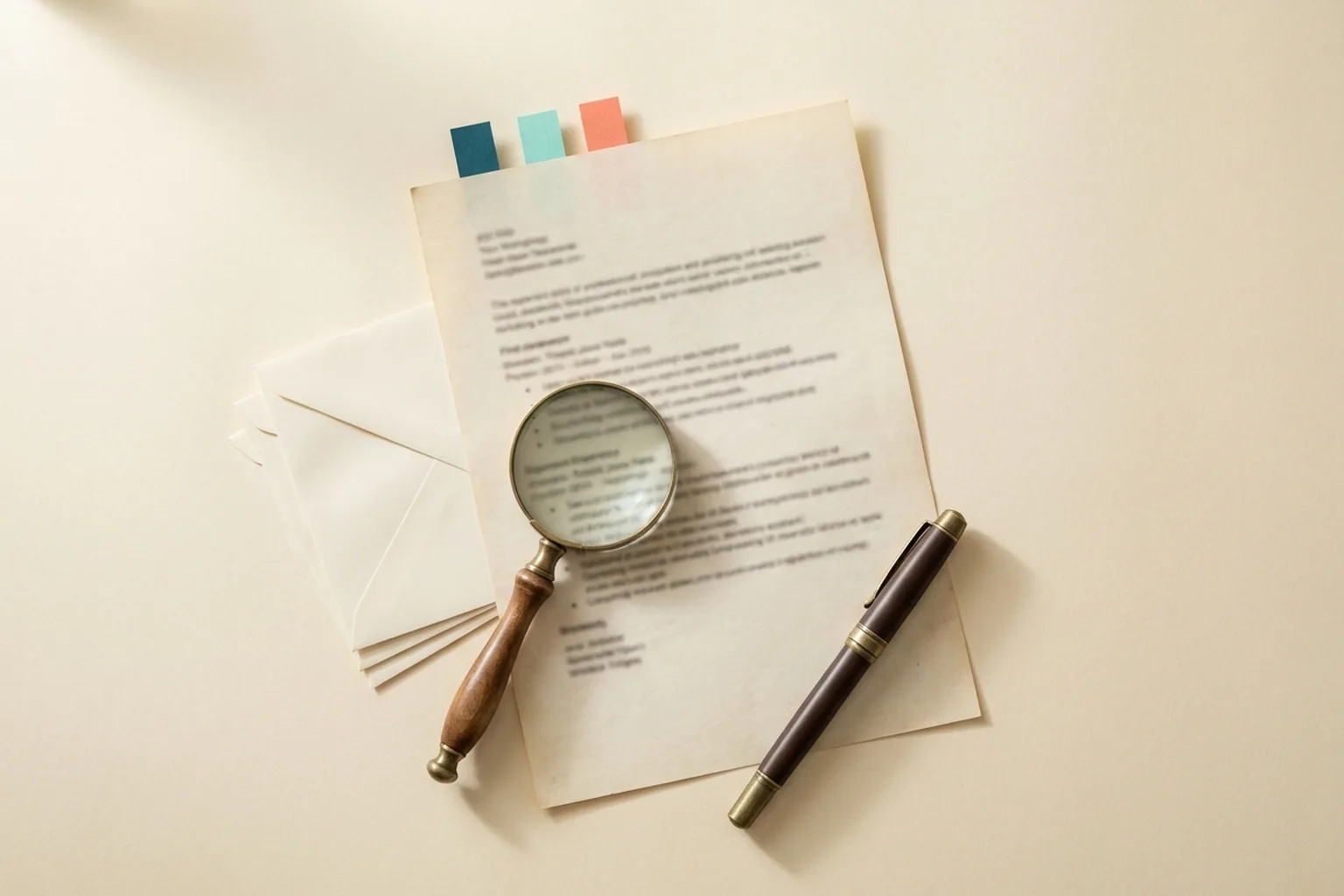 A printed resume, a fountain pen and a brass magnifying glass with teal and coral tabs on cream paper