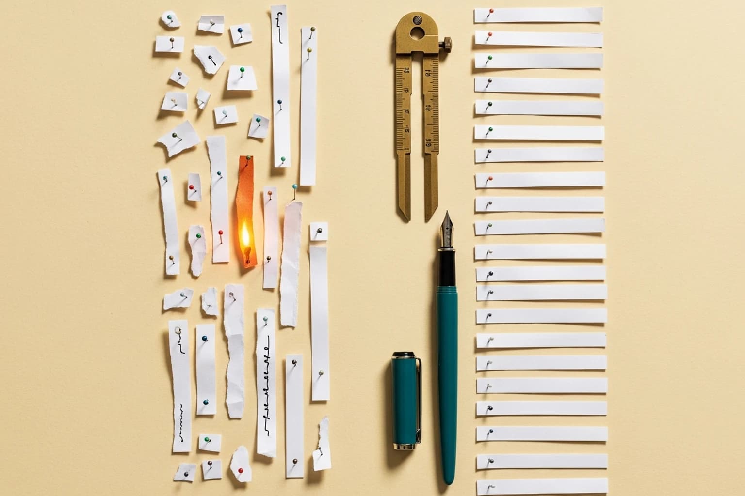 Editorial illustration on warm cream paper showing two rows of pinned paper strips. The left row is hand torn into wildly different lengths with one strip glowing ember orange. The right row is machine cut to identical lengths. A brass measuring gauge and a teal fountain pen rest between them.