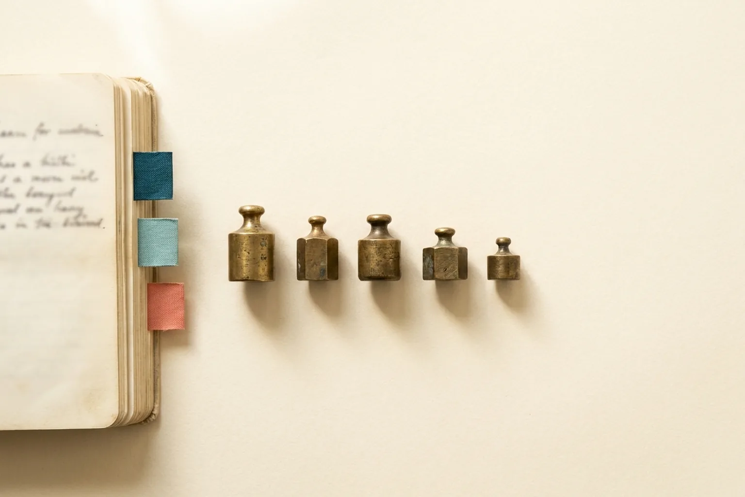 Small brass weights of different shapes lined up beside a notebook with teal, aqua and coral tabs on cream paper