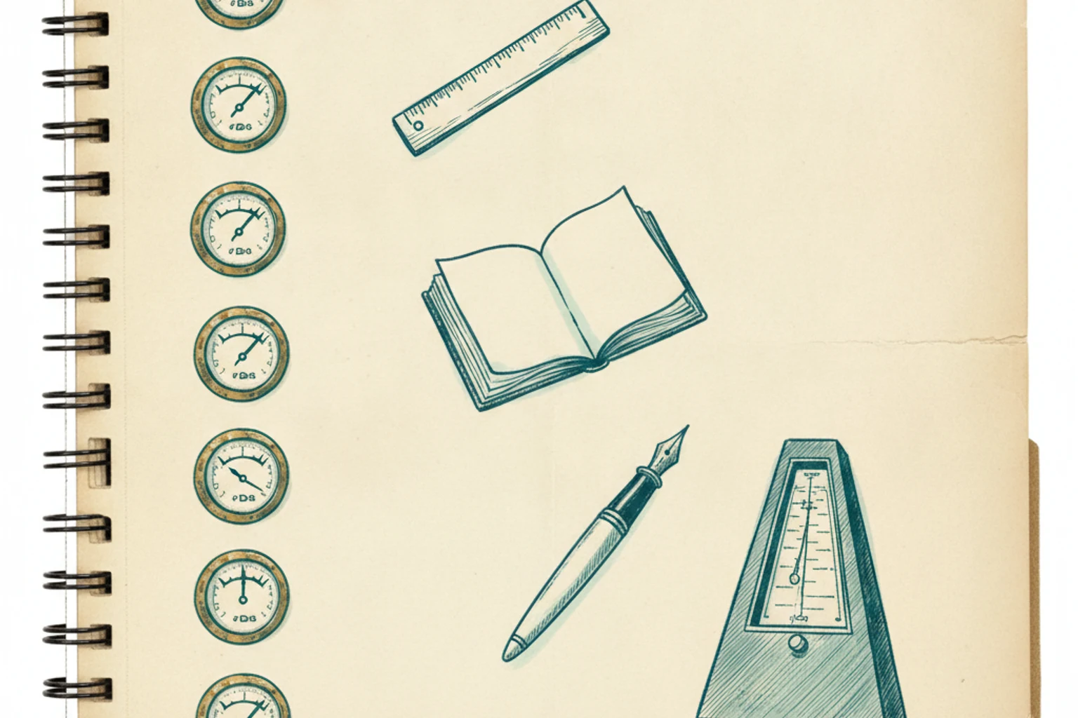 A notebook page showing seven small dial gauges beside a ruler, an open book, a fountain pen, and a metronome, standing in for the signals an AI detector reads.
